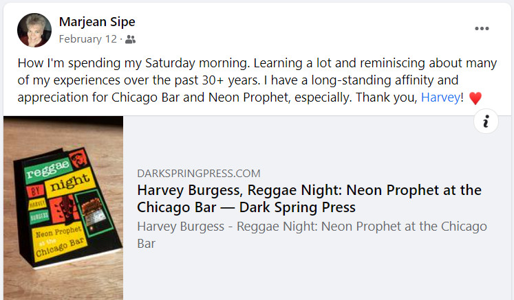 Meet Harvey Burgess: Author and Super-fan 5 Harvey Burgess Reggae Night, Neon Prophet at the Chicago Bar