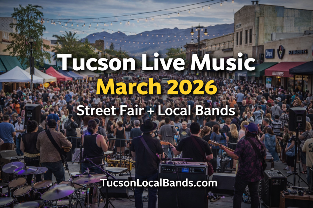 Tucson Live Music March 2026 street fair scene on Fourth Avenue featuring local bands performing to a large crowd with tents, lights, and mountains in the background in Tucson, Arizona.