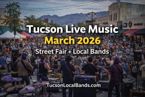 Tucson Live Music March 2026 street fair scene on Fourth Avenue featuring local bands performing to a large crowd with tents, lights, and mountains in the background in Tucson, Arizona.