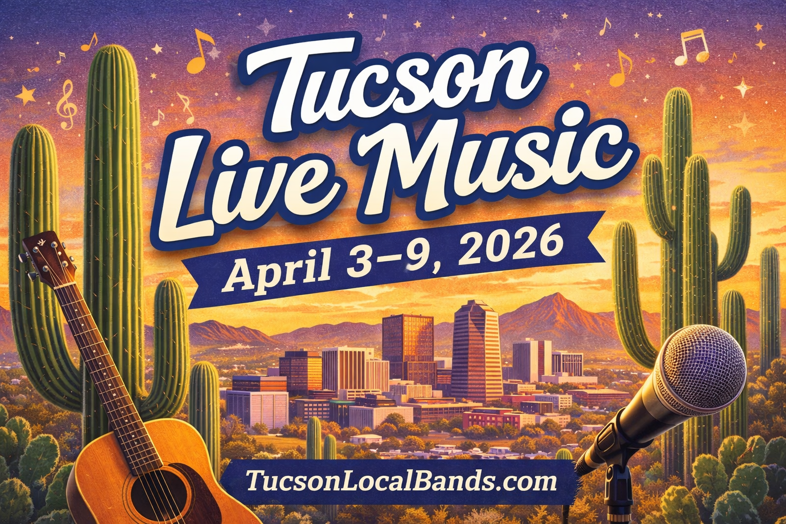 Featured image for Tucson live music April 3–9 2026 showing a Tucson desert sunset skyline with saguaro cacti, guitar, microphone, and text promoting local live music events on TucsonLocalBands.com.