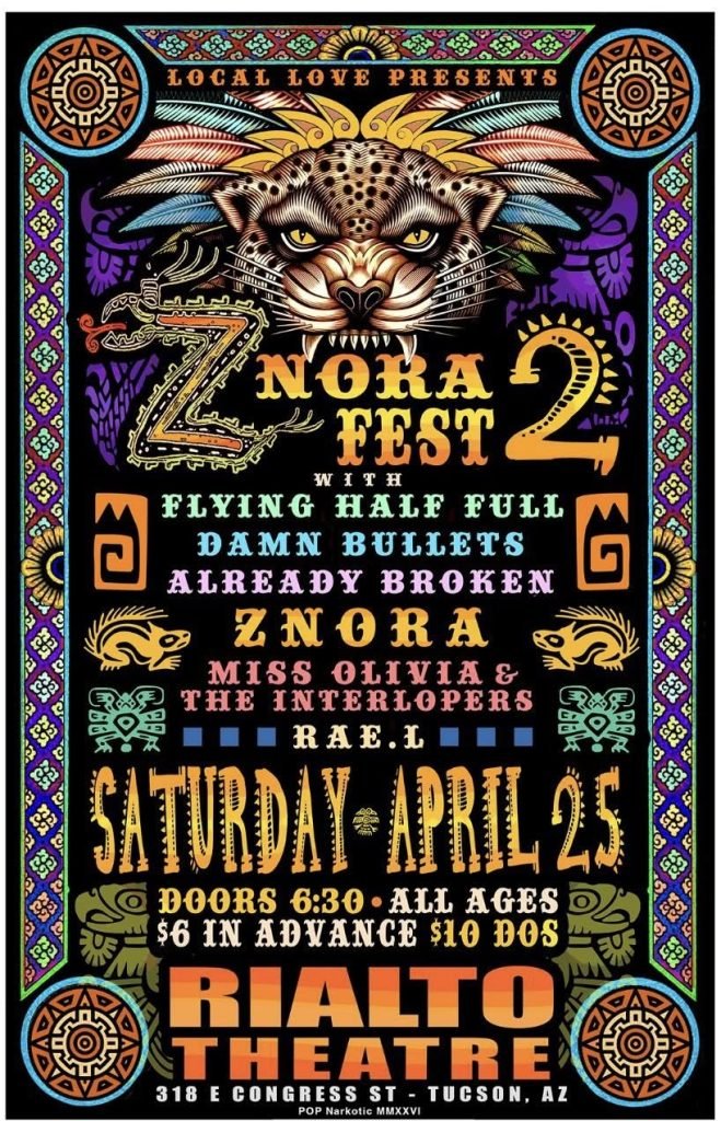 Tucson Band Spotlight: Znora 3 Znora 500th show Tucson poster at Rialto Theatre featuring local bands and album release event