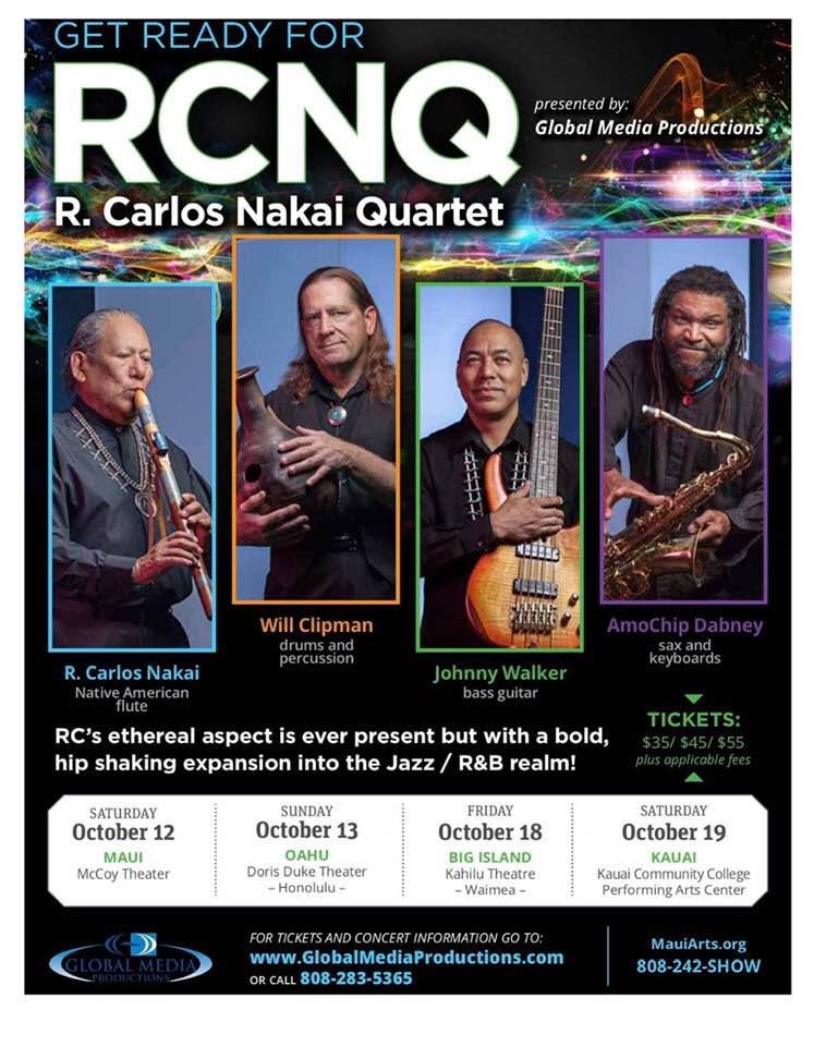 Tucson Musician Spotlight: Amochip Dabney 9 2019 R. Carlos Nakai Quartet concert flyer with Amochip Dabney on sax and keys