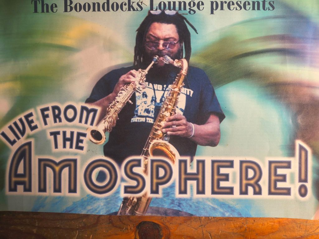 Tucson Musician Spotlight: Amochip Dabney 21 First AmoSphere! poster, Amochip Dabney playing dual saxophones at Boondocks Lounge